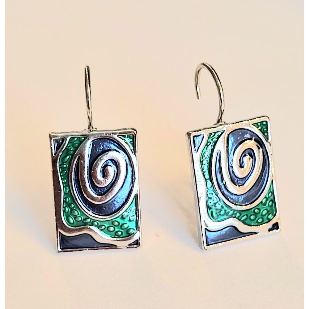 Silver Enamel Artisan Earrings Mardi Gras Lever Pierced Boho